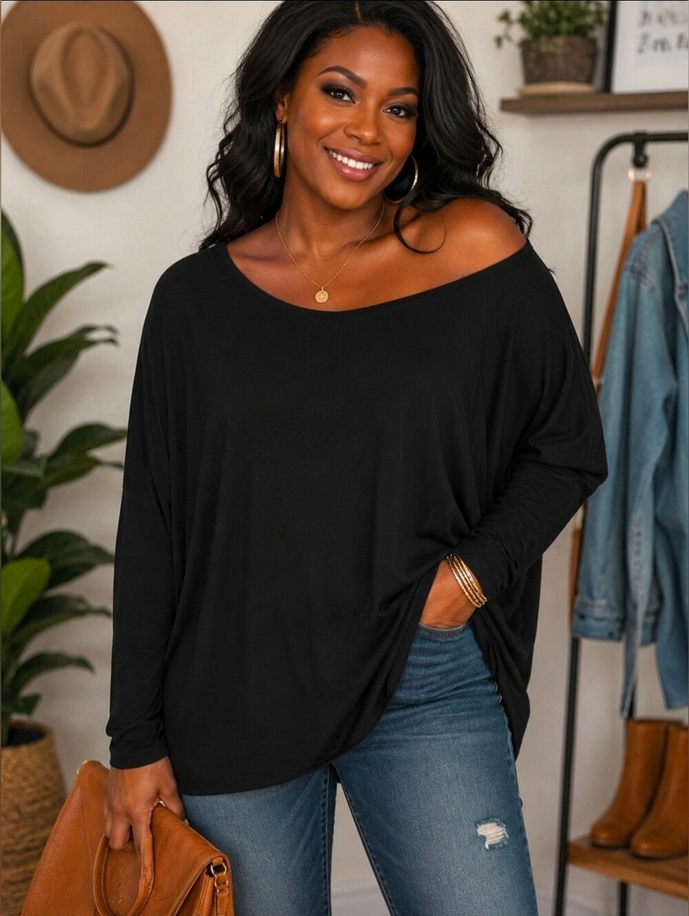 Womens Piko Oversized Long Sleeve Top Size Medium Black Bamboo
